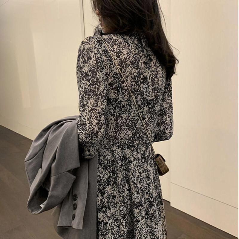 Floral Dress Black Over The Knee Long Sleeve Dress Women French Retro V-neck Summer Chiffon Skirt
