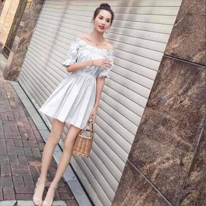 Fashion Sexy Slash Neck Dress Summer High Waist Puff Sleeve Beach Party Dress Off Shoulder Dress