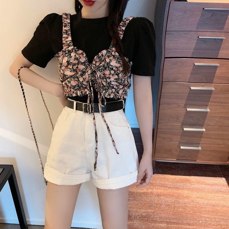 Summer Korean Version  The White Simple Short-sleeved T-shirt Plus Sweet Floral Sling Two-piece Jacket Women
