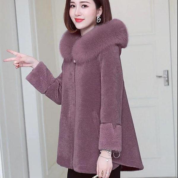 Winter Clothing Grain Velvet Thickening and Cotton Imitation Sheep Shearing Hooded Large Fur Collar Waist Imitation Fur Coat Mid-length Coat Women