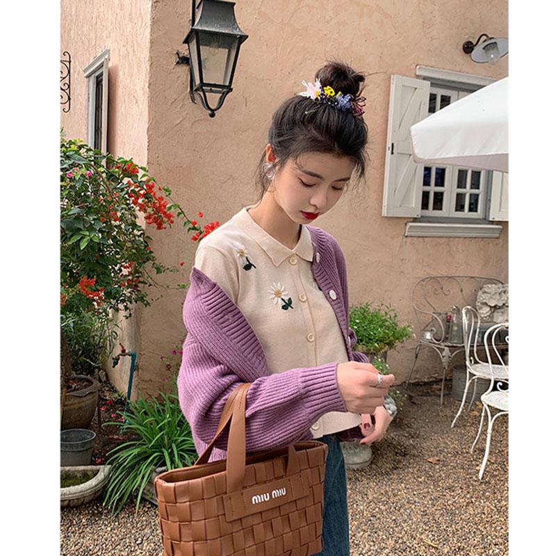 Short Solid Color Button Sweater Loose Striped Pattern Coat Wide Knit Cardigan Women's Top