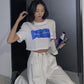 Cotton Summer Thin Section Cotton Solid Color Short-sleeved T-shirt Women's Korean Version Loose Short High-waisted Top Trendy