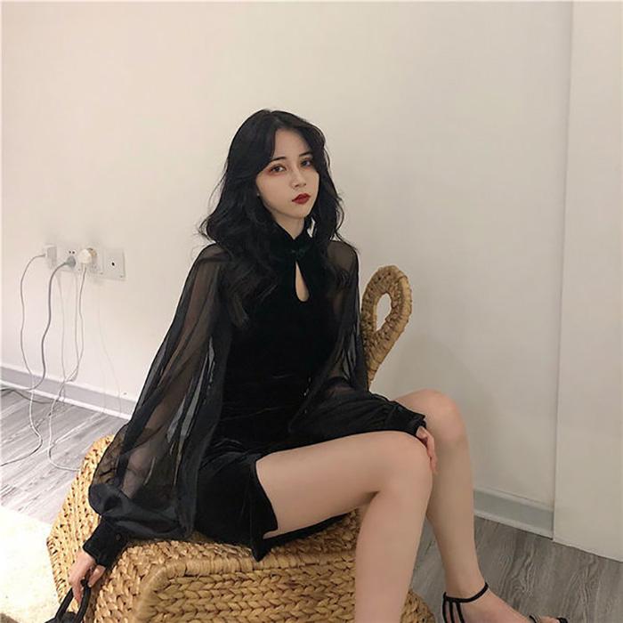 Sexy Woman Velvet Chiffon Lantern Long Sleeve Hollow Out Stand-up Collar Split Fork Cheongsam Nightclub Bar Party