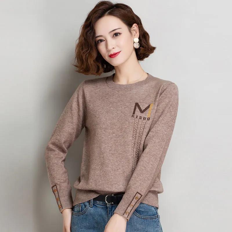 Women's Basic Solid Color Crewneck Sweater Fashion Button Cuff Loose Plus Size Sweater