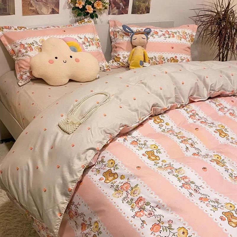 Washed Cotton Four-piece Duvet Cover Sheets Fashion Printed Bedding Student Dormitory Single Bed Sheet Sheets