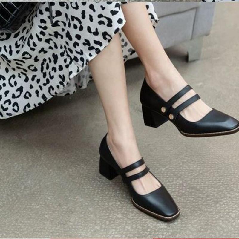 Single Shoes Women's Autumn One-step Thick Heel Casual Sweet Shallow Mouth Square Toe All-match Mary Jane Shoes Women
