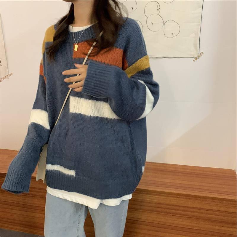 Pofulove Winter Korean Lazy Color-matching Sweater Female Loose Wild Mid-length Pullover Sweater