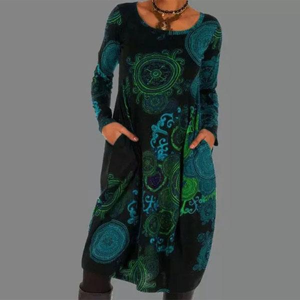 S-5XL Female National Style Long Sleeve Loose Casual Pullover Dress Women's Spring and Autumn Large Size Print Long Dress