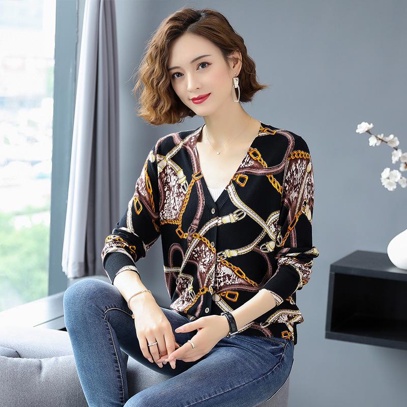 Women Printed  Cardigan Sweater Autumn Winter Long Sleeve V-Neck Casual Knitted Cardigan Elegant Female Tops Knit Jacket Coat