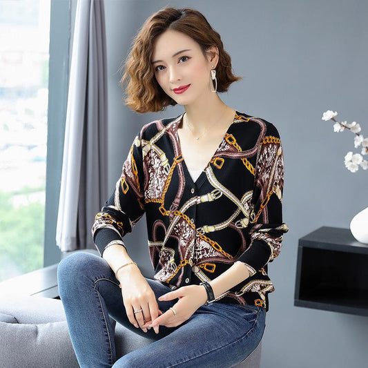 Women Printed  Cardigan Sweater Autumn Winter Long Sleeve V-Neck Casual Knitted Cardigan Elegant Female Tops Knit Jacket Coat