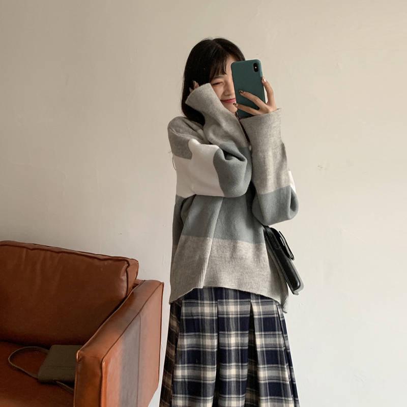 Pofulove Round Neck Loose Sweater Female Students Were Thin Wild Color Matching Long-sleeved Sweater