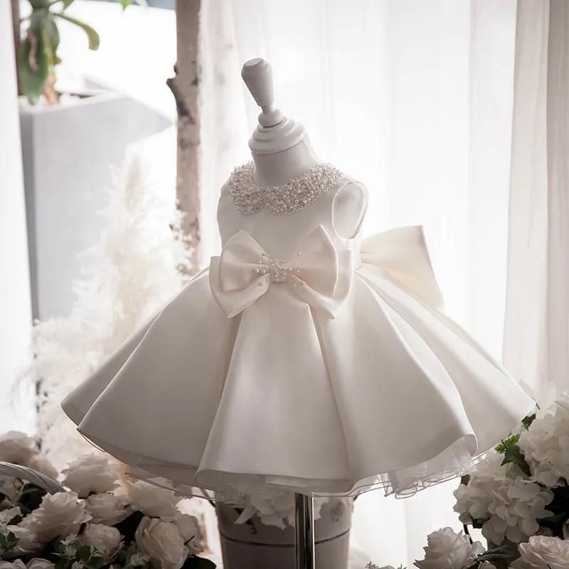 Children's Dress Princess Skirt Flower Girl Wedding Birthday Baby Sweet Dress Girl Piano Host Performance Costume Round Neck Sleeveless Bow Decoration
