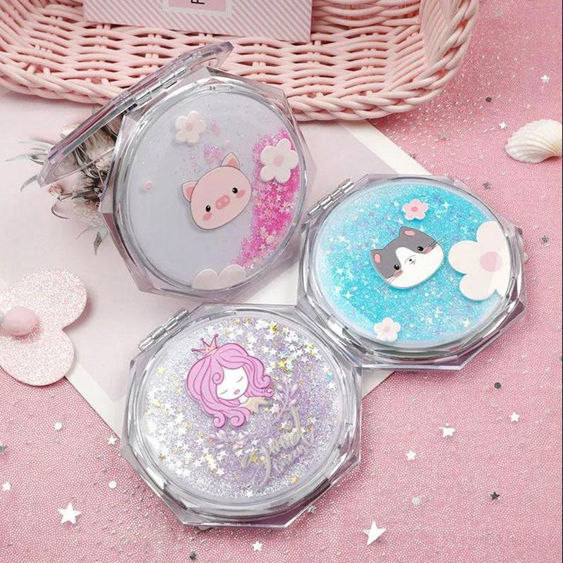 Woman Polygon Hand-held Makeup Mirror Mini Vanity Mirror Schoolgirl Flip Foldable Easy To Carry  Quicksand Sequins