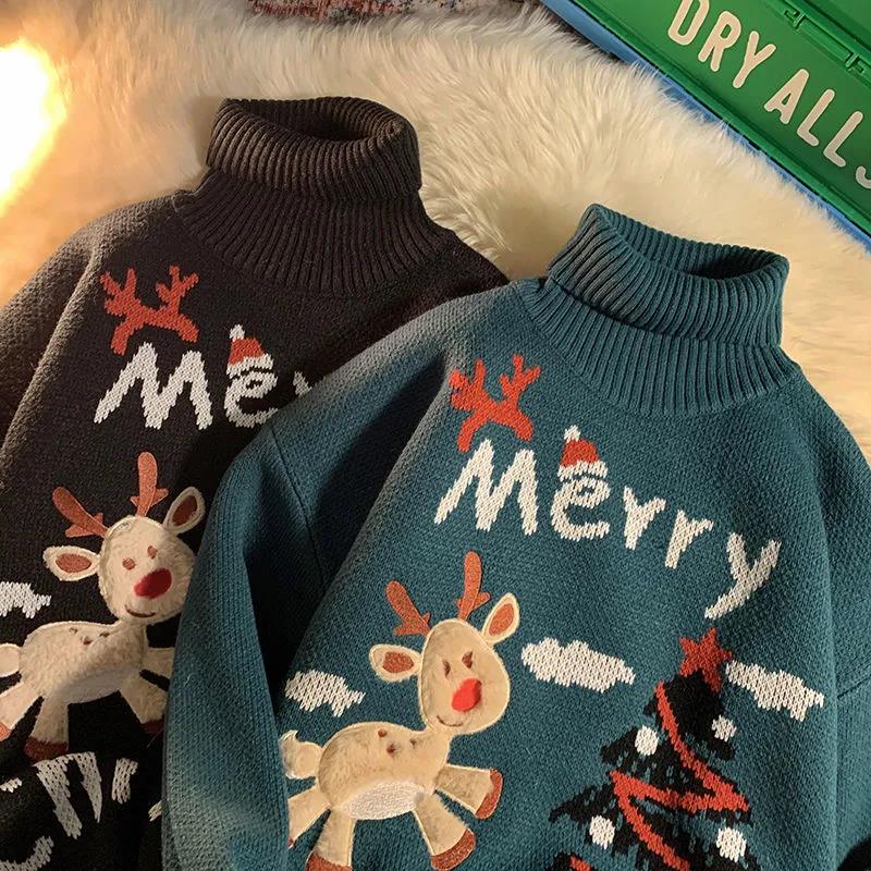 WTEMPO Crew Neck Sweater Christmas Couple Sweater Soft Casual Knitted Sweater Winter Warm Pullover