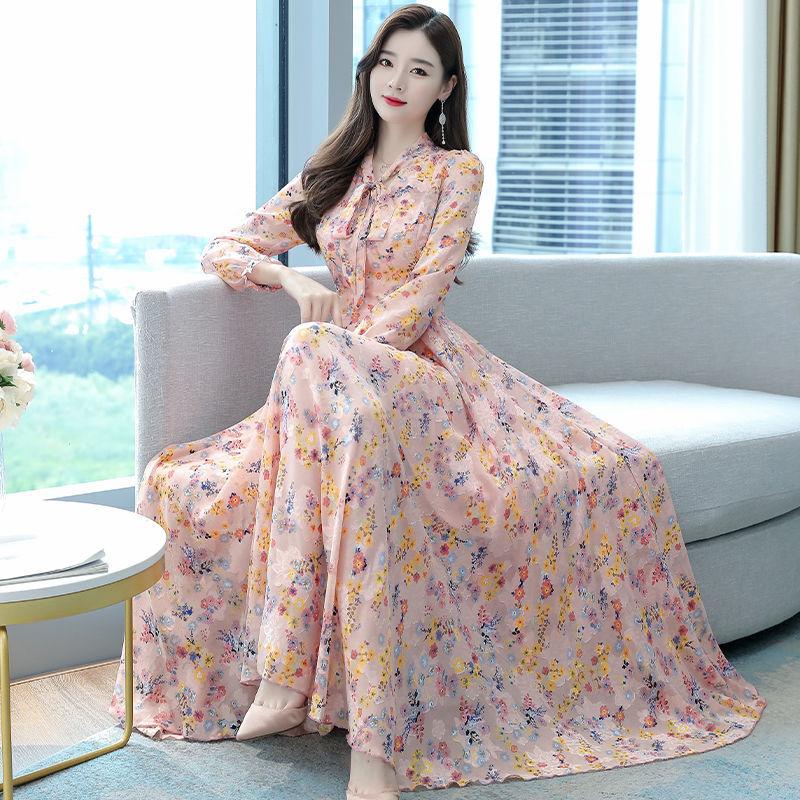 Jacquard V-neck Long-sleeved Dress Spring and Autumn Style Temperament Waist Slimming Slim Bow Long Dress Women's Fabric Light and Breathable