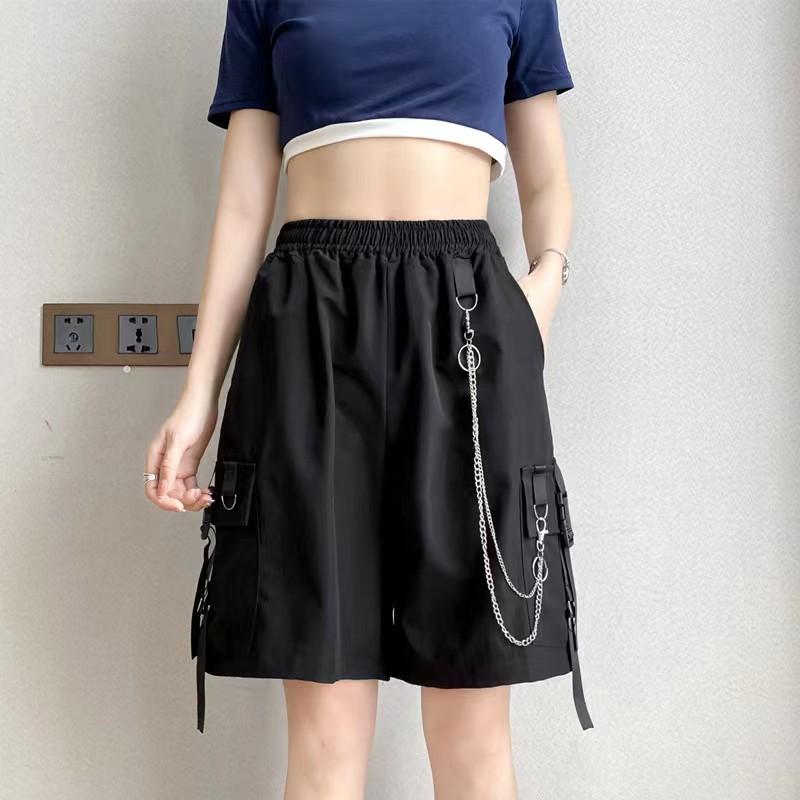 Overalls Shorts Female Summer Student Street Hip-hop Loose Punk Shorts All-match Straight High-waisted Five-point Wide-leg Pants Unisex