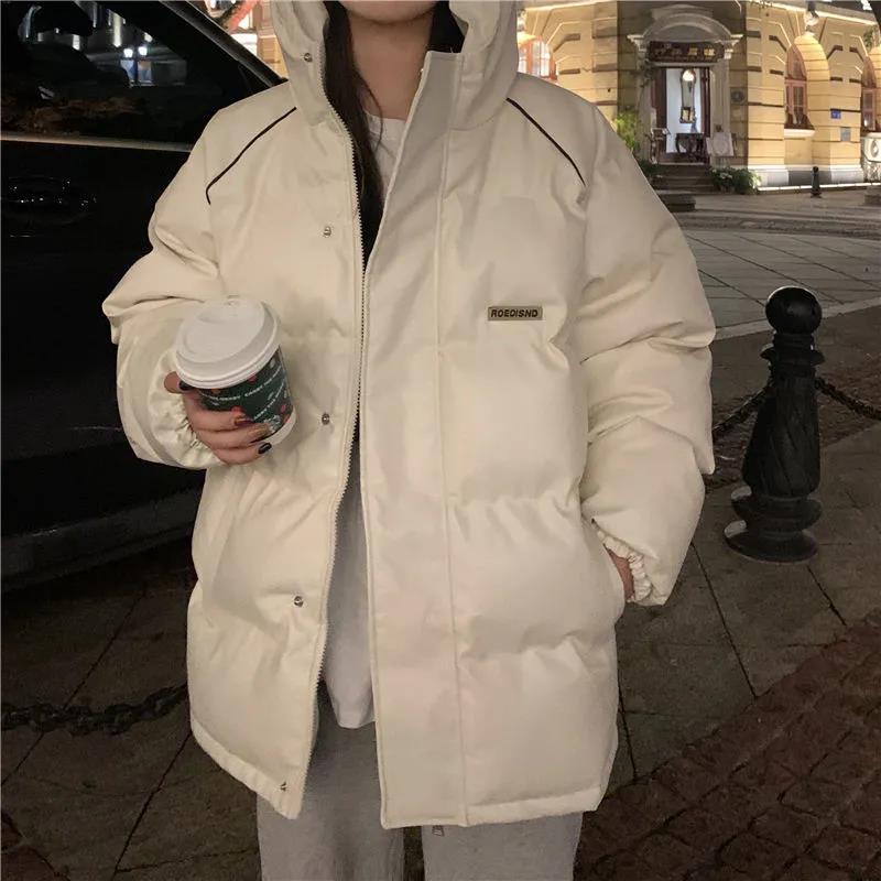 Winter Ladies Down Jacket Korean Fashion PU Loose Thick Warm Hooded Couple Down Jacket