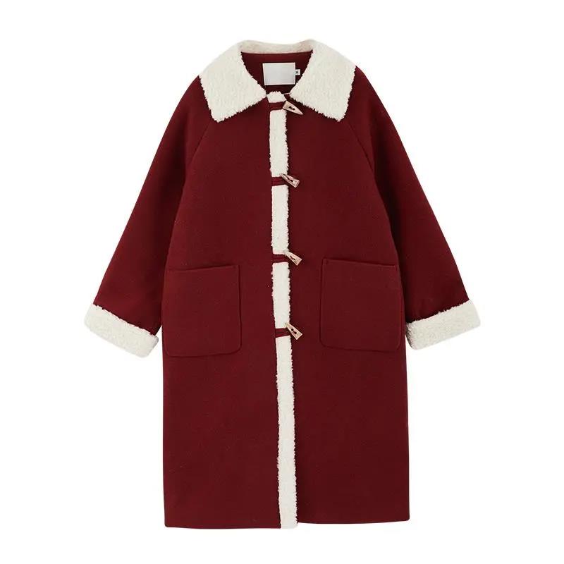 Autumn and Winter Woolen Coat with Horns Buckle Lamb Wool Thick Woolen Coat Women's Mid-length Lapel Woolen Coat