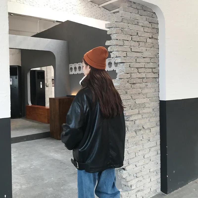 Women Winter Coat Loose Warm Faux Fur Collar Flocking Leather Jacket Windproof  Short Black PU Leather Jacket