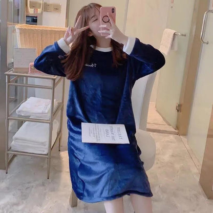 Women's Autumn Winter Flannel Thickened Pajamas Dresses Plus Size Loose Nightdress Simple Warm Homewear Solid Color Embroidered Nightdress