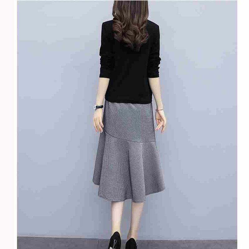 Large Size Women's Skirt Set V-neck Pleated Long-sleeved Top Irregular Ruffled Fishtail Skirt Two-piece Set Spring and Summer Casual Suit