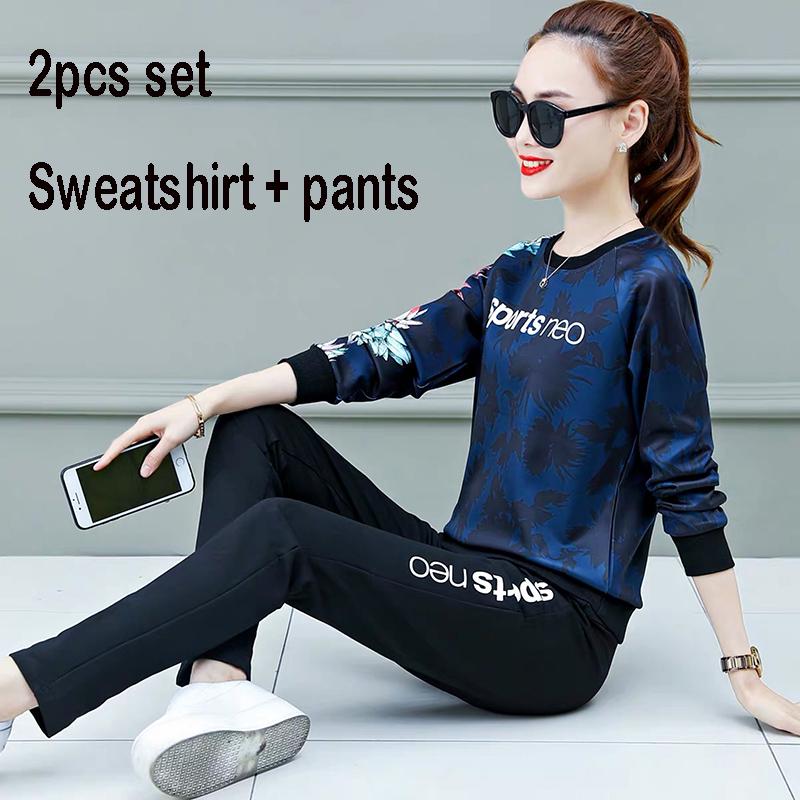 Joker Long -Sleeved Casual Sweatshirt Set Large Size Spring And Autumn Women 'S Clothing 2pcs Set