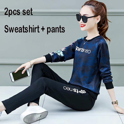 Joker Long -Sleeved Casual Sweatshirt Set Large Size Spring And Autumn Women 'S Clothing 2pcs Set