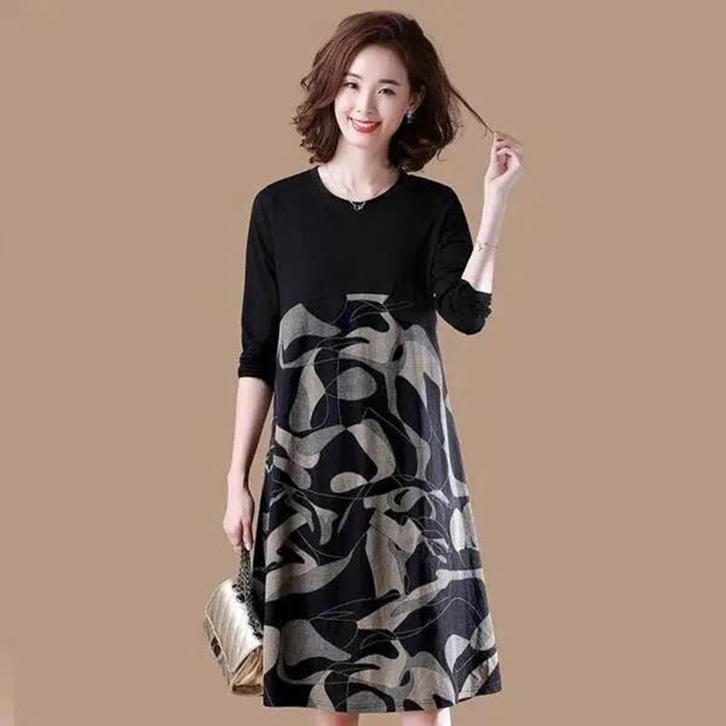 Large Size Women's Loose Belly Cover Stitching Mid-length Dress Round Neck Short-sleeved Straight Dress Printed Skirt Light and Breathable