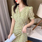 Women's Summer Floral Dress V-neck Slim Puff Sleeve Skirt