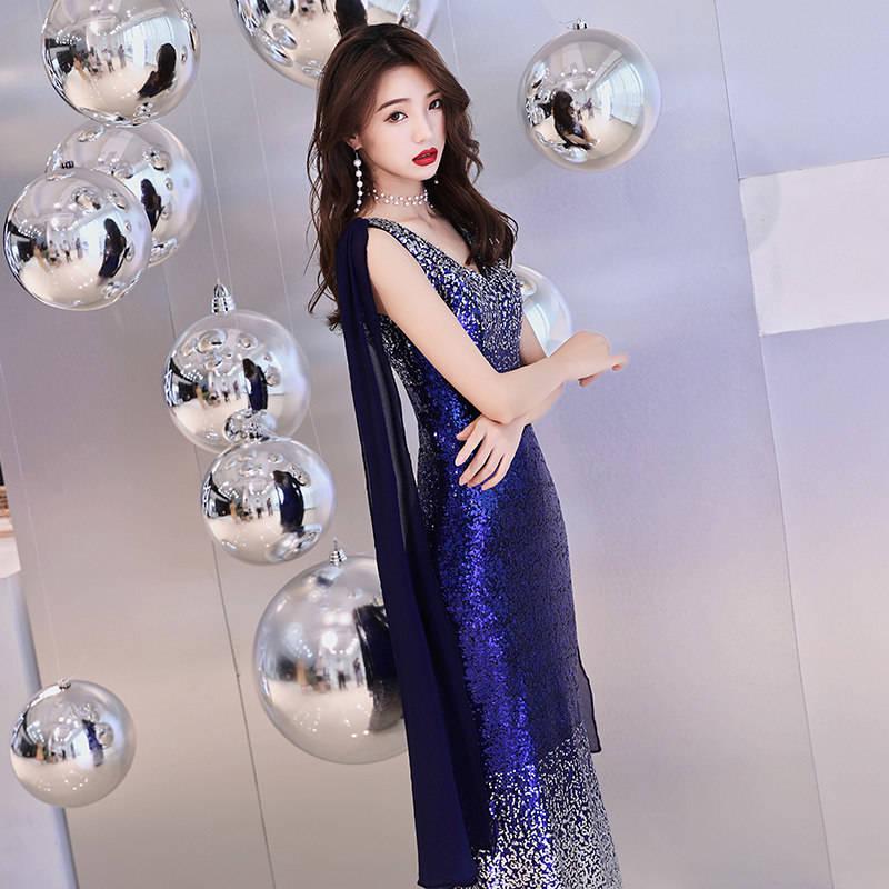 Shining Slim Long Sleeve Party Dinner Dress Women Split Sexy Clothes