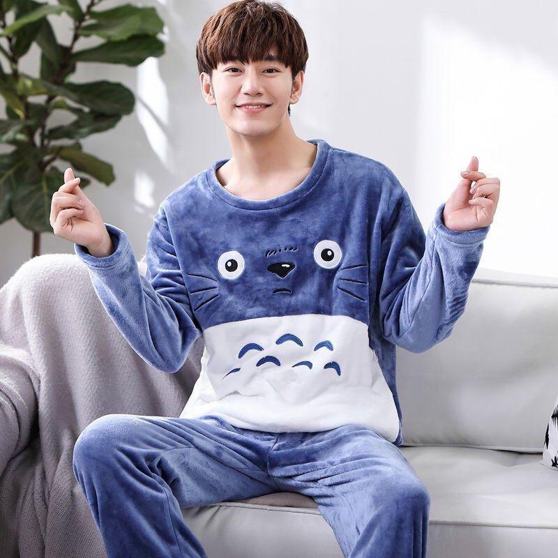 Men's Pajamas Autumn and Winter Flannel Thickening Plus Velvet Coral Velvet Cartoon Pajamas Men's Home Service Winter Suit