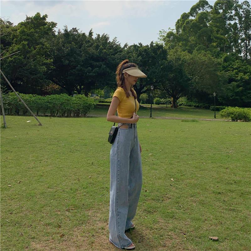 WTEMPO Retro Hollow High Waist Spring Mop Jeans Women Loose Thin Skinny Wide Leg Pants Wild Long Pants