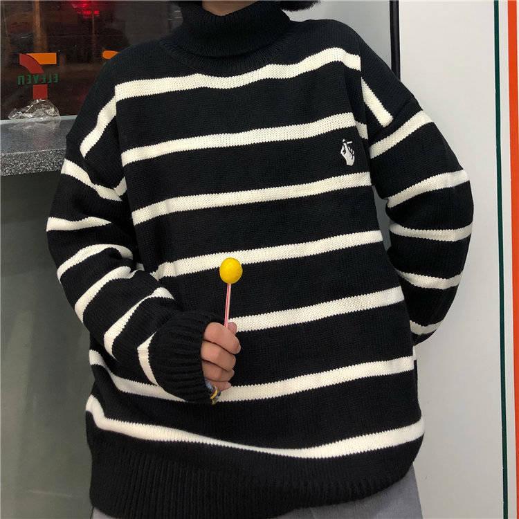 Pofulove Striped Embroidered Turtleneck Women's ulzzang Students Loose Contrast Color Sweater Coat