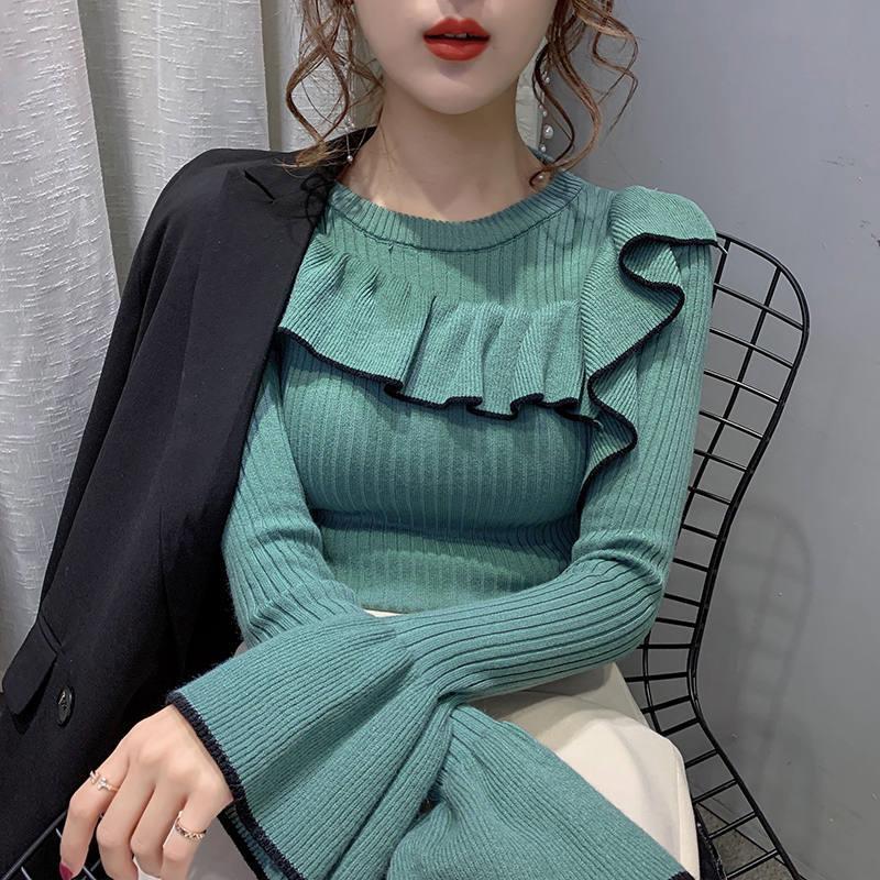 Ruffle Knit Bottoming Sweater Autumn and Winter Fashion Outer Blouse Thick Round Neck Jacket