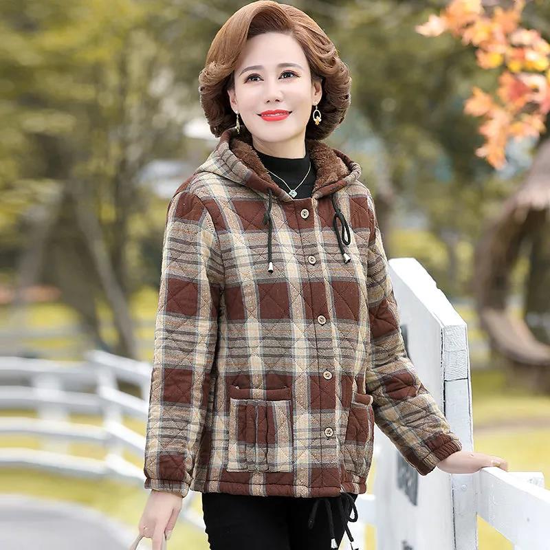 Winter Plus Velvet Cotton Jacket Women's Plaid Short Hooded Cotton Jacket Suitable for Middle-aged Women