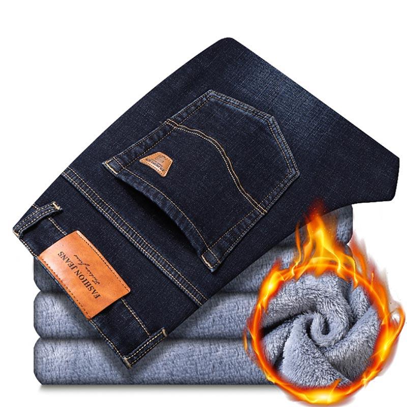 Winter Men's Warm Jeans Fleece Black Blue Jeans Business Casual Warm Thick Stretch Denim Trousers Men's Brand Pants