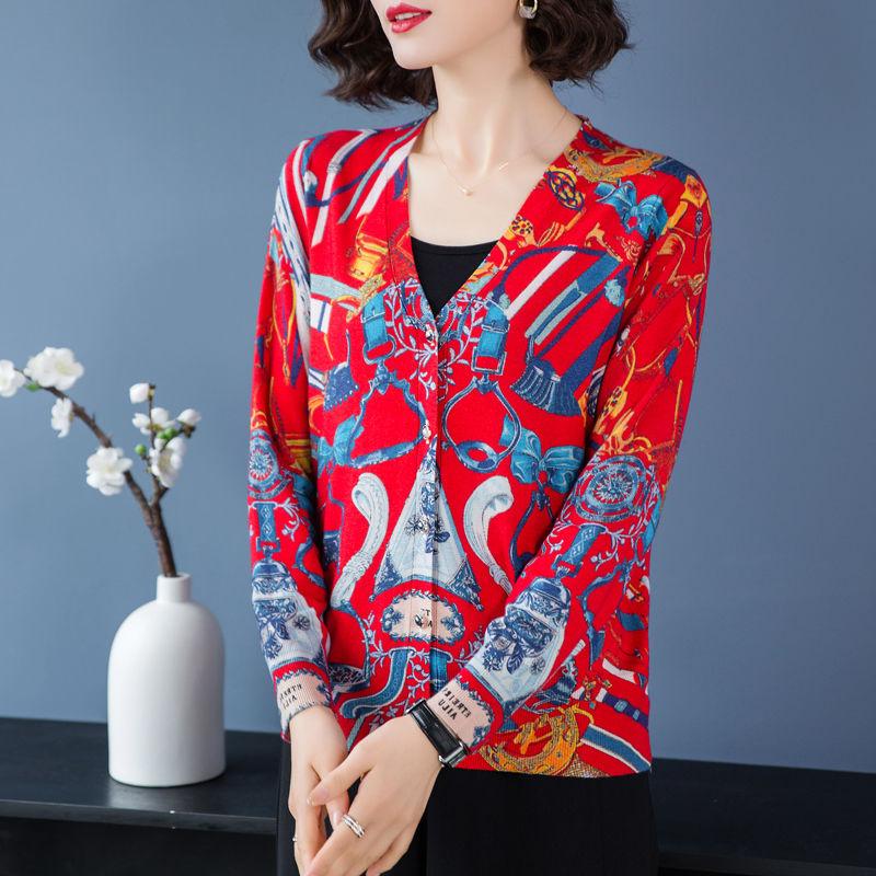 Bohemian Printed Cardigan Women's High-end Thin Short Knitted Jacket Loose Wool Cardigan Plus Size Woollen Sweater Outer Wear