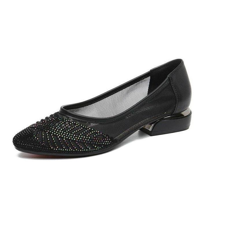 Mesh Sandals Women's Soft Leather Summer Hollow Breathable Low-heeled Shoes Pointed Toe Shoes Shallow Casual Shoes Single Shoes