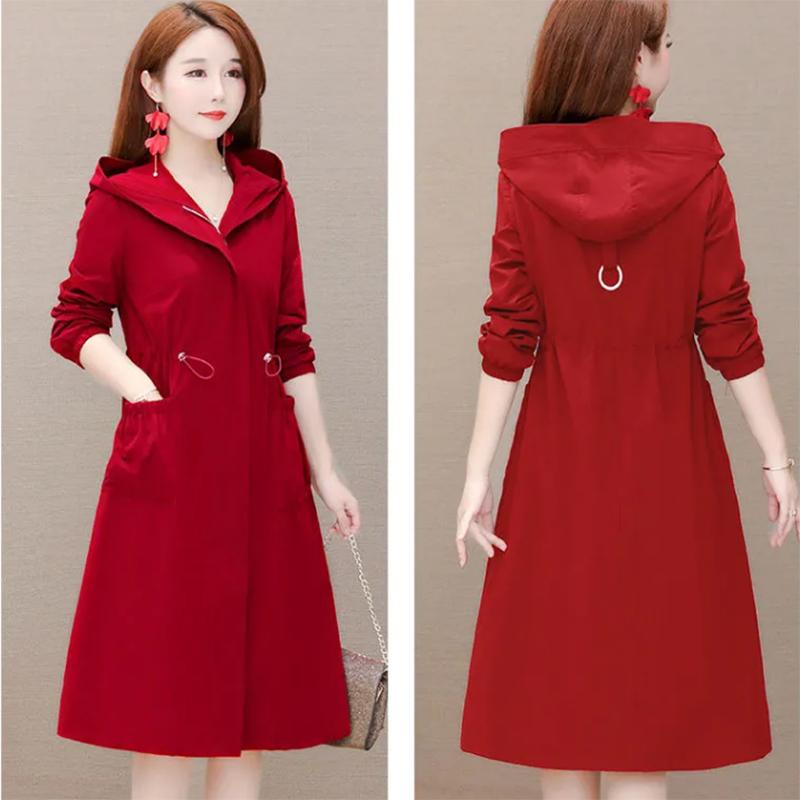 Women's Mid-length Hooded Windbreaker Solid Color Elastic Waist Thinner Hooded Jacket Korean Style Large Size Loose Jacket Drawstring Zipper Jacket
