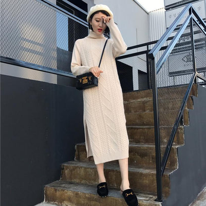 Women Turtleneck Knitwear Dress Long Knitted High Waist Solid Color Sweater Skirt Thick