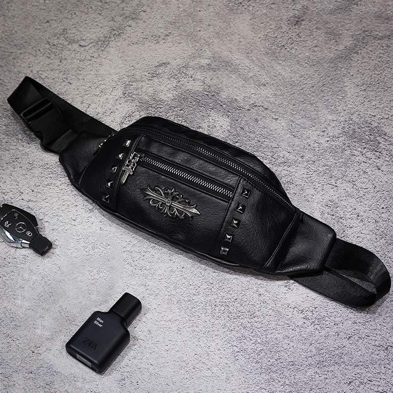 Waist Bag Men's Waterproof with Headphone Hole Rivet Crossbody Outdoor Sports Hip Hop Shoulder Bag