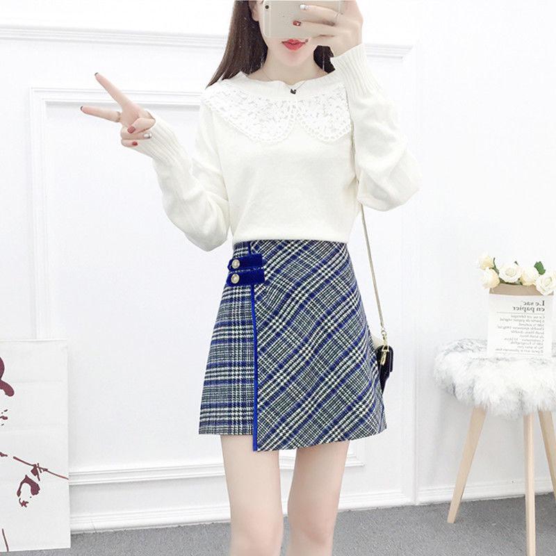 Autumn and Winter Sweater Suit Women Sweet Lace Stitching Knitted Sweater Top and Asymmetric Woolen A-line Skirt Two-piece Ladies Outfits