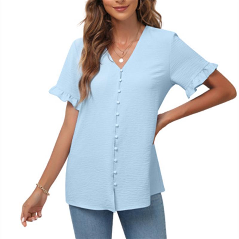 Spring and Summer Women's Casual Ruffled Short-sleeved V-neck Button-up Top European and American Solid Color Shirt