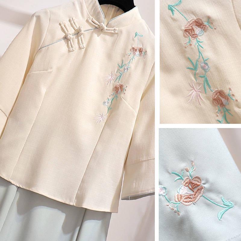Female Han Chinese Clothing Suit Mandarin Collar Blouse Embroidered Skirt Suit