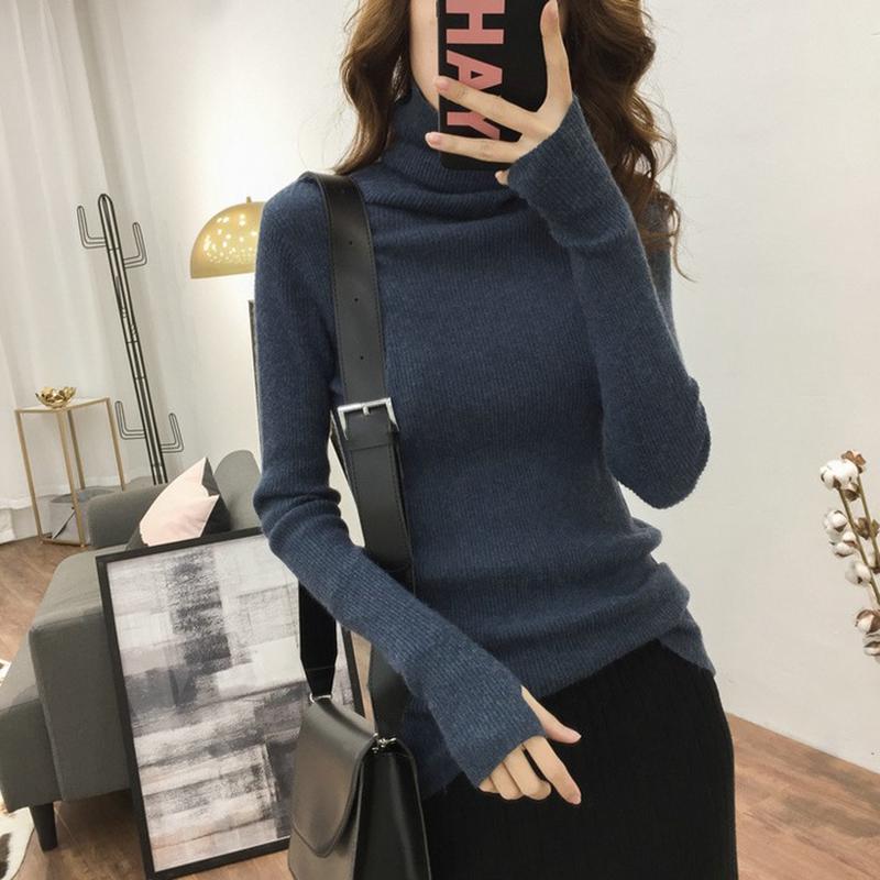 Pofulove Turtleneck Women Pile Collar Bottoming Shirt Autumn Winter Gloves Sleeve Slim Thick Sweater