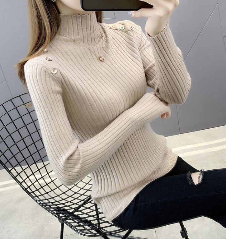 Half Turtleneck Button Sweater Women's Large Size Loose Pullover Bottoming Shirt Thickened Warm Knit Sweater