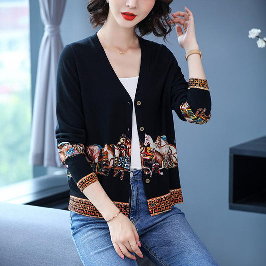Autumn/Winter Women's Knitted Sweater V-neck Printed Jacket Short XL Cardigan Wool Sweater Jacket