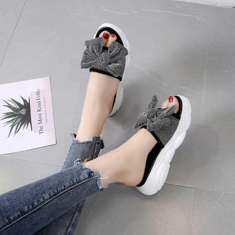 Size 35-40 Summer Women All-match Bow Slippers Outdoor Pearl High Heels Sandals Bohemian Beach Wear-resistant Non-slip Slippers Wedge Platform Sandals