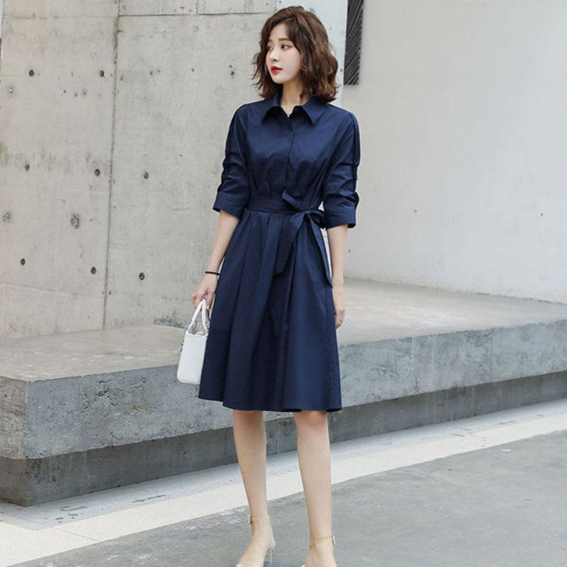 Spring Summer Women's Shirt Dress Mid-length Skirt Ladies Professional Wear All-match Long-sleeved Solid Color Dress