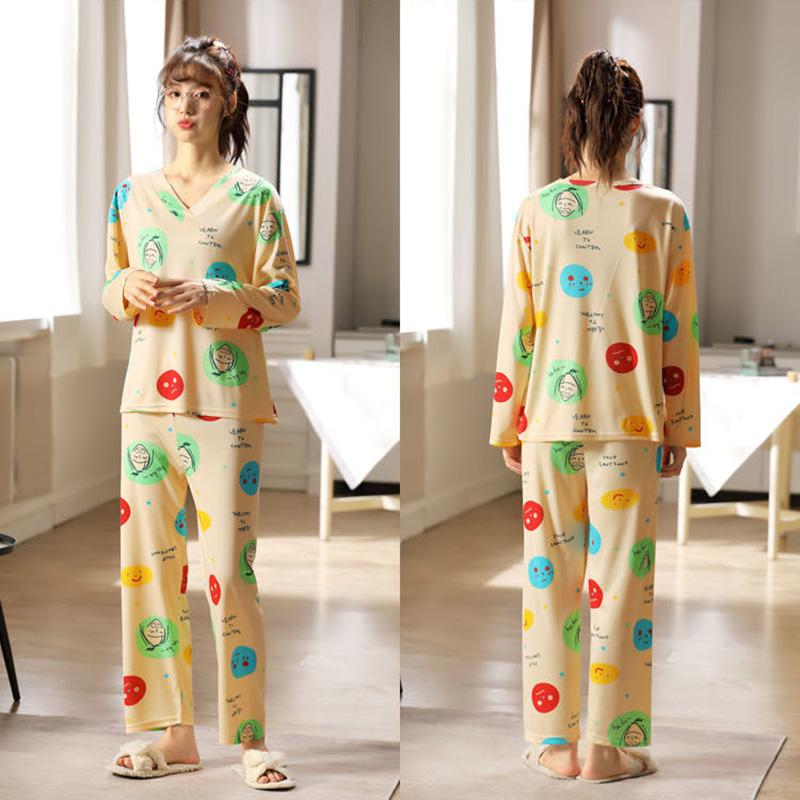 Women's Long-sleeved Floral Printing V-neck Pajamas Suit Home Wear Set Spring Sweet Casual Large Size Loose Pajamas Two-piece Set